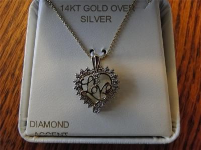 NEU IM KARTON 100 % ECHT 14K GOLD ÜBER SILBER DIAMANT AKZENT HERZ LIEBE HALSKETTE