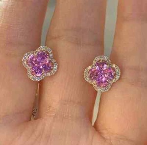 Authentic Lab-Created Pink Sapphire 2Ct Oval Clover Stud Earrings 14k Yellow Gold Plated