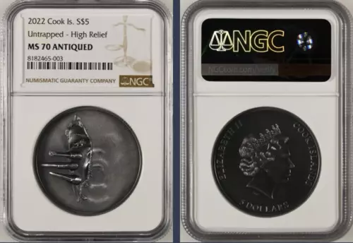 NGC MS70 2022 Untrapped 1oz silver Coin antiqued Horror Cook Islands COA