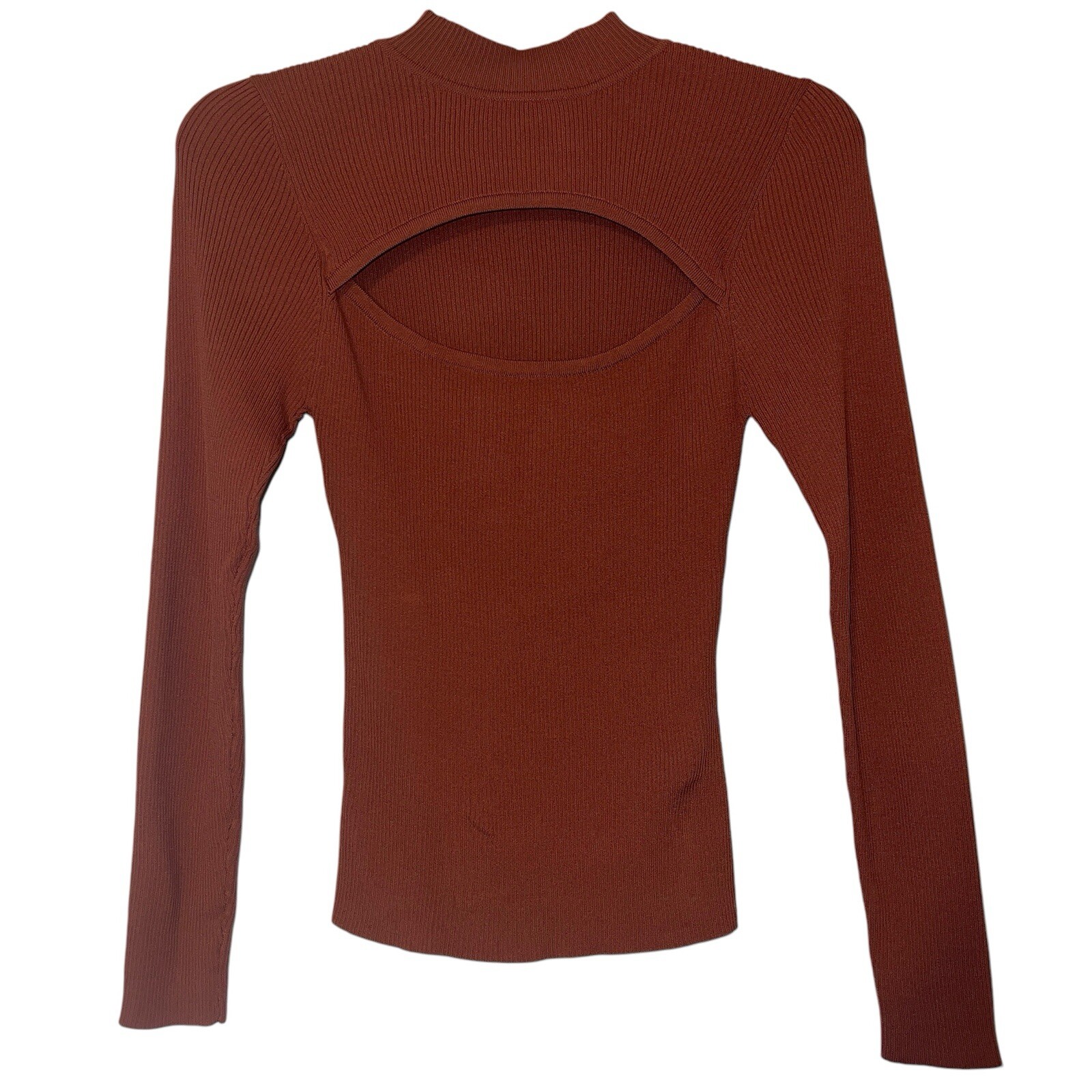 MINKPINK Rust Ribbed Mock Neck Long Sleeve Top with Cut-Out Detail Size L