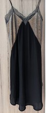Slip Dress Zara Eur M Black Shiny Midi Shaped Hem/ Side Slits Elasticated Back