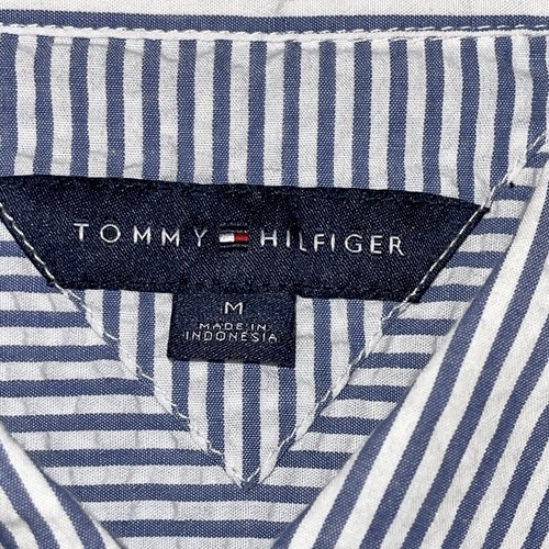 Tommy Hilfiger Women's Texture-Striped Blue Tunic Top M Roll Cuff Short Sleeve - 第 3/6 張圖片