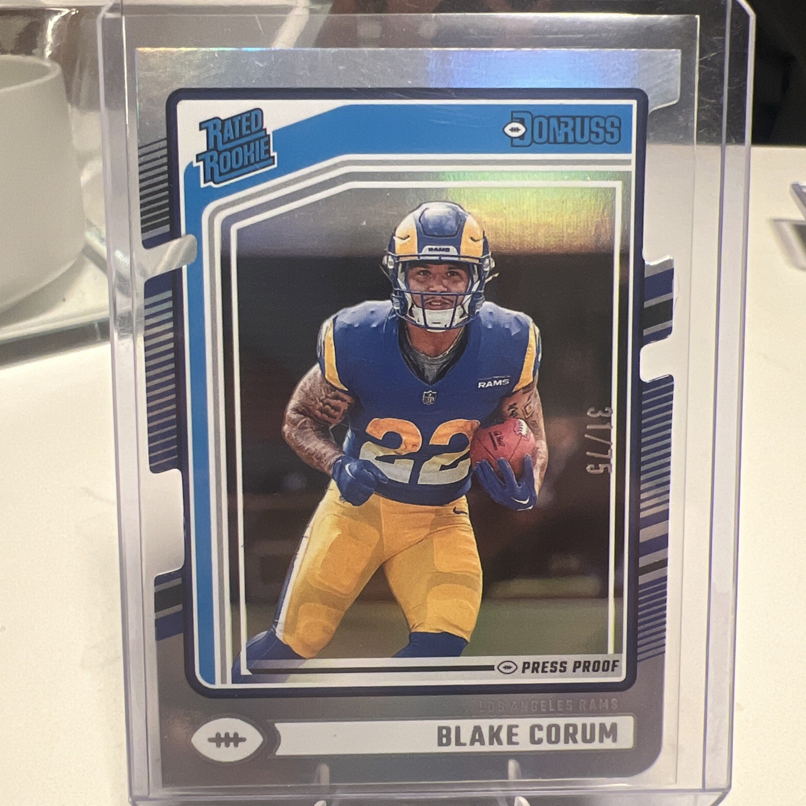 2024 Donruss Rated Silver Press Proof Die-Cut 31/75 Blake Corum Rookie RC.