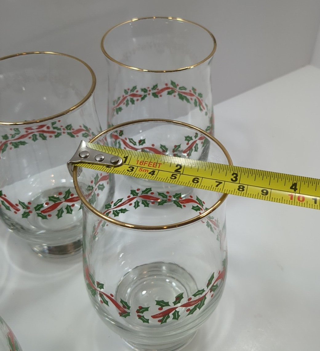 6 Libbey Christmas Holly Berry Glass Red Ribbon Tumbler Tulip Gold Rim 14 OZ