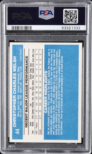 1982 DONRUSS #44 CHRIS WELSH ROOKIE RC PSA 10 - Picture 2 of 2