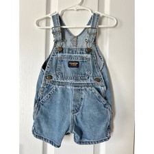 Vintage OshKosh Overall Baby 12M Blue Jean Bib Shorts USA 90s Vestbak Light Wash