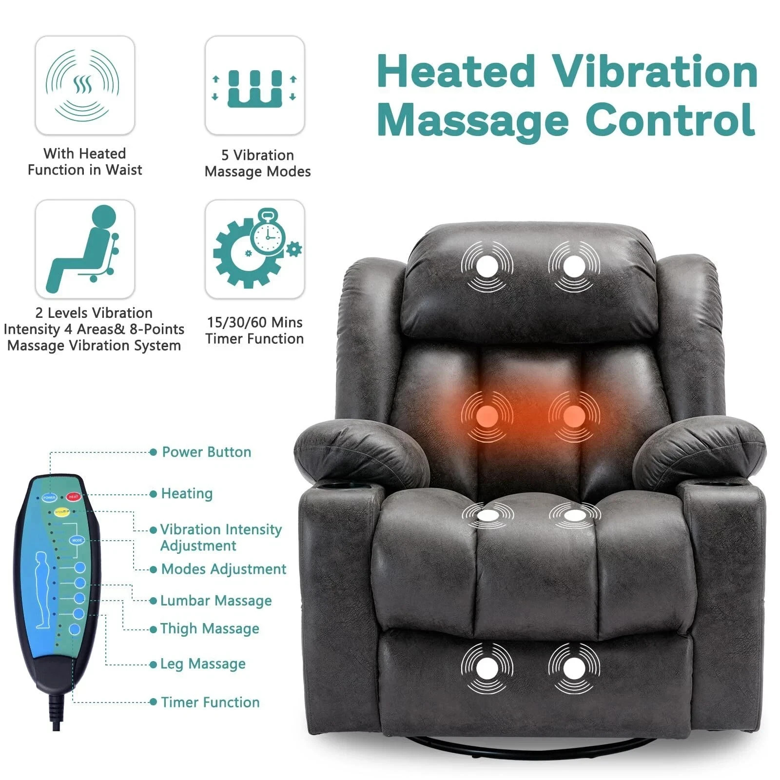 360&deg; Massage Swivel Glider Rocker Recliner Chair w/ Heat, Home Theater Seating