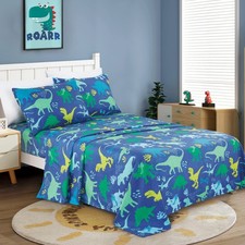 Blue Dinosaurs Kids Collection Bedding 4 Piece Jungle Print Sheet Set with Fl...