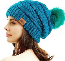 Women Winter Pom Pom Beanie Hat with Warm Fleece Lined Teal