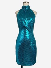 Vintage NWT Papell Boutique Blue teal sequin halter open back mini dress S/M