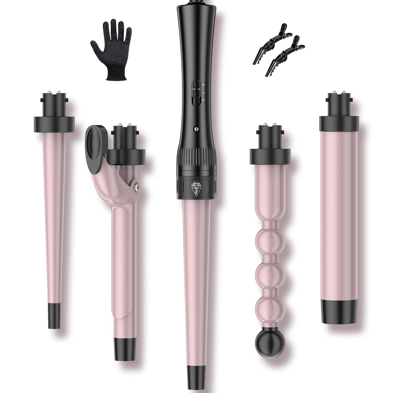 Hair Curling Wand Iron Tongs with Anti-Scald Head, 5 in 1 5 1, Pink