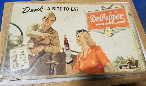 Vintage Dr. Pepper WWll Soldiers Tin Metal Sign  16 3/4" x 10 1/4".
