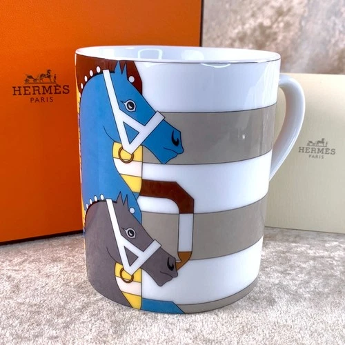 Hermes Mug Cup ROCABAR Horse Motife White Grey Porcelain Tableware with Case