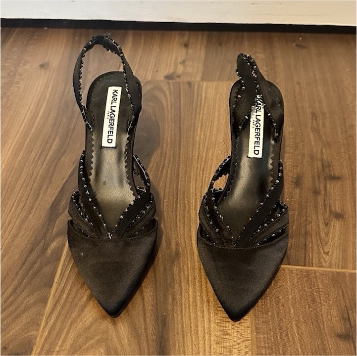 New! KARL LAGERFELD Women's Black Solid Pointed Toe Beaded Strap Slingback Heels