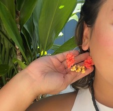 Handcrafted Floral Hoop Earrings Orange Yellow Plastic Flower Dangle Continuous