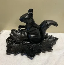 Vtg Black Cast Metal Manual Squirrel Nutcracker Perched On Leaf Tray 1970’s