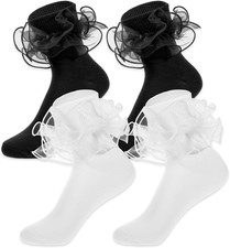 2 Pairs of White and Black Ruffle Socks, Ruffle Socks for Women with Double Lace