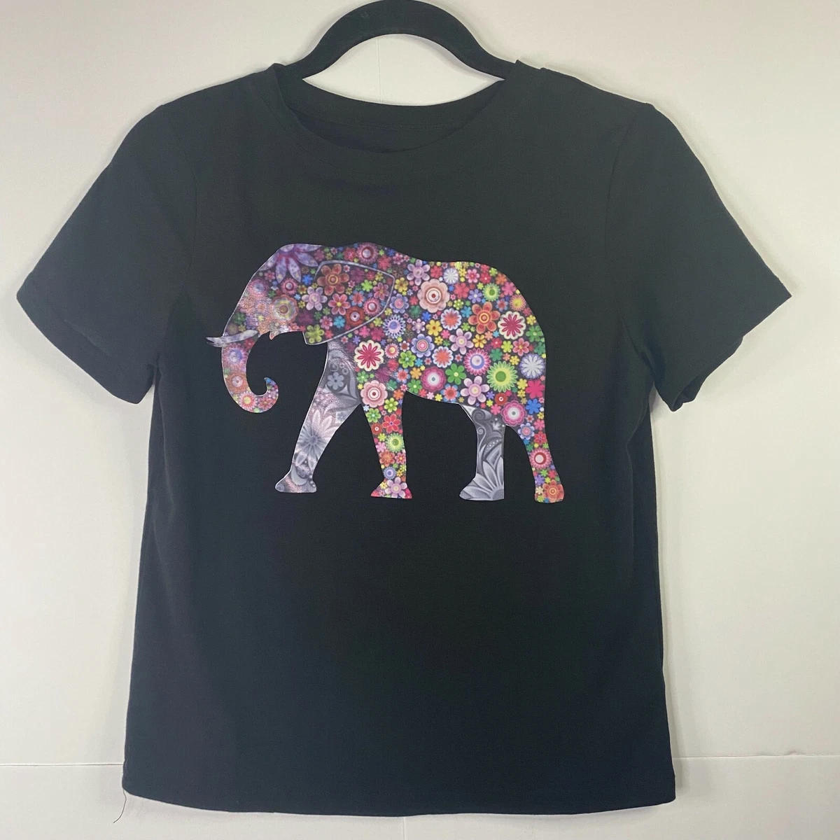 SHEIN Women s Juniors Size Small Black T Shirt Elephant Short Sleeve Crew Neck
