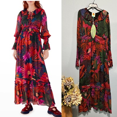 chinese dress ladies Delicate Flowers Stripes Long Sleeve Maxi Dress – FARM Rio main image 0
