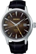 New Seiko Men's Presage GMT Brown Dial Cocktail Time Leather Band Watch SSK039