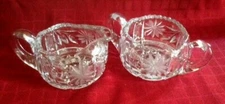 American Brilliant Period Heavy Cut Glass Crystal Creamer & Sugar Bowl w Hobstar