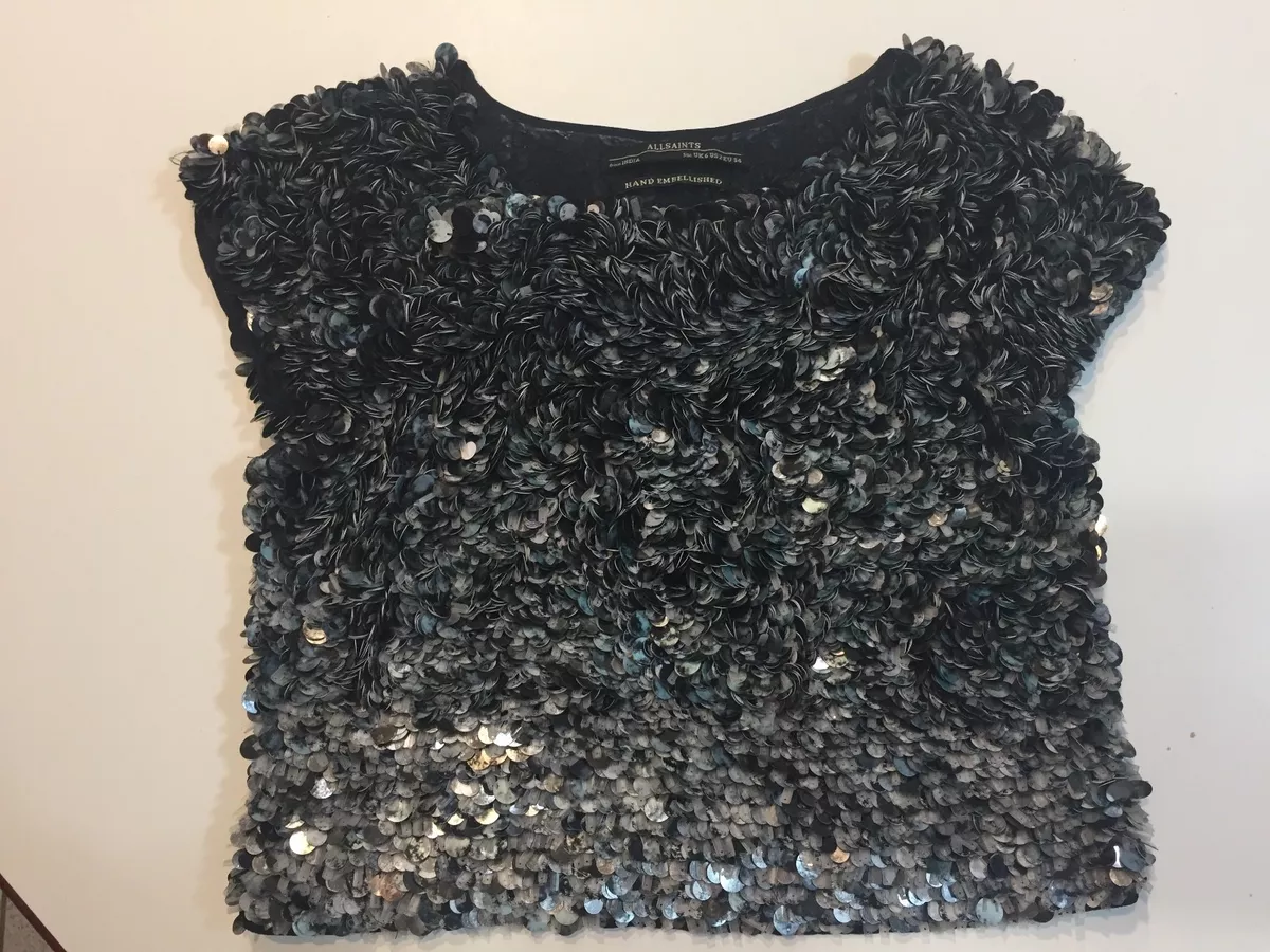 ALL SAINTS GRAFFITI TEE HEAVY HAND Embellished TOP SZ 2 BLUE GRAY WHITE