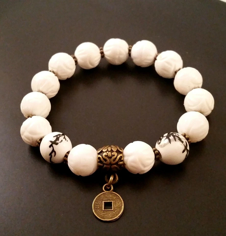 Carved Lotus Pearl Bracelet Chinoiserie White Shell Hand Made | St. Germain  - Image 2 of 4