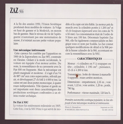 1965-1974 Zaz 966 Russia USSR Car Photo Spec Sheet Info French