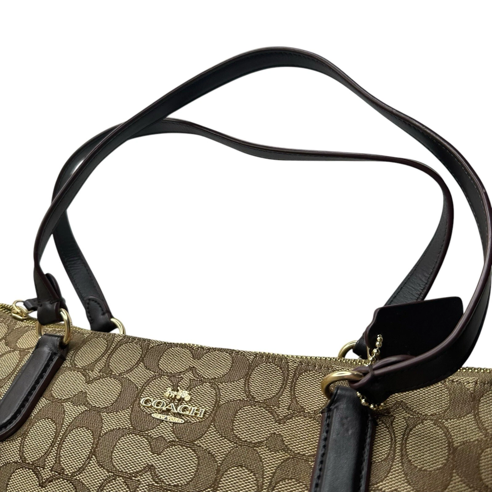 Borsa a tracolla Coach Signature City Tote con cerniera tela jacquard pelle marrone