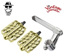 Vtg Lowrider Stem Classic 22.2 Chrome & Pedals Double Square Twisted 1/2" Gold
