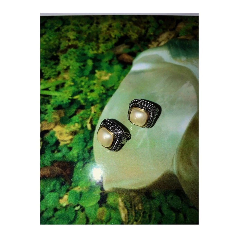 Серьги-гвоздики с перламутровым зажимом 12 мм двухцветные позолоченные - Изображение 4 из 4