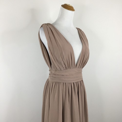 LULU'S Taupe/Stone Low V Neck & Back Chiffon Lined Gown Dress Womens sz Small - Picture 5 of 12