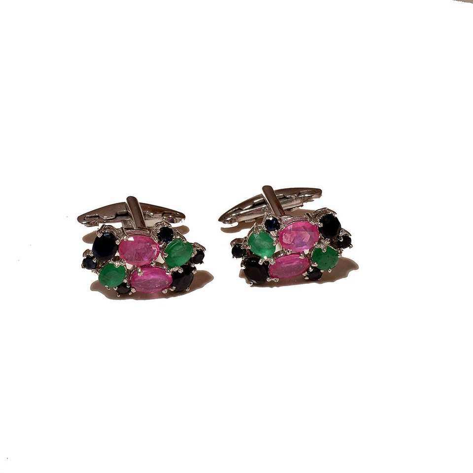 Natural Emerald Ruby & Sapphire Gemstones With 925 Sterling Silver Cufflinks #43 Foto 3 de 3