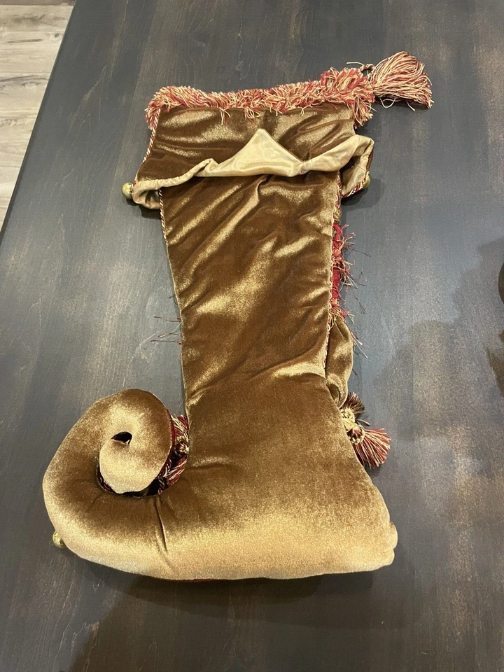 Рождественские чулки Bella Rose бордовое золото парча кисточки колокольчики бархат 23 дюйма б/у в отличном состоянии - Изображение 3 из 4