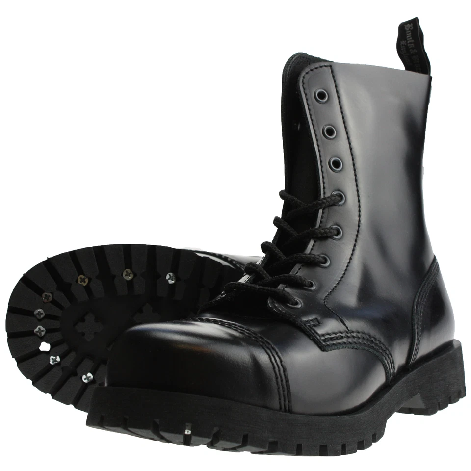 Boots and Braces 8 Loch Stiefel Rangers Schwarz Leder Springer Stahlkappe NEU