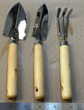 3Pc Mini Hand Garden Tool Set Kids Wood Handle Chrome Trowel Transplanter Rake