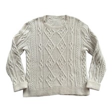Vintage 60  s Cream Wool Hand Woven Irish Cableknit Fisherman  s Sweater Medium