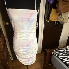 Windsor Ivory Tie Dye Ruched Mesh Mini Bodycon Dress L Straight Neck Pullover