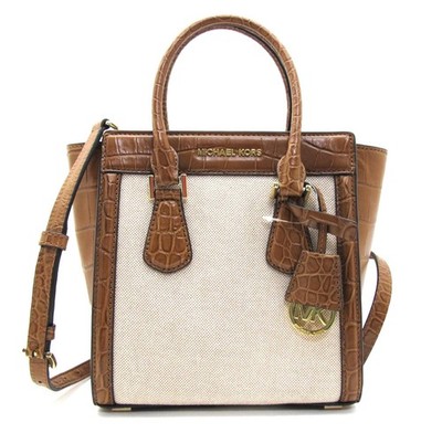 NWT Auth MICHAEL KORS COLETTE MD Messenger Canvas/Embossed Leather Beige/Walnut