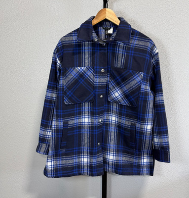 H&M Divided Blue Plaid Flannel Shirt Jacket Shacket Oversized Womens Sz XS