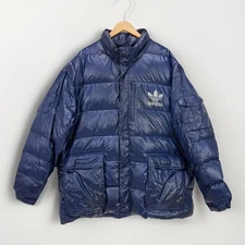 Adidas Mens Down Puffer Jacket 3XL Blue Hideaway Hood Logo 2012 Warm Sporty EUC