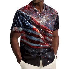 Men Patriotic USA Flag Hawaiian Shirt 4th July Beach Short Sleeve Button Down