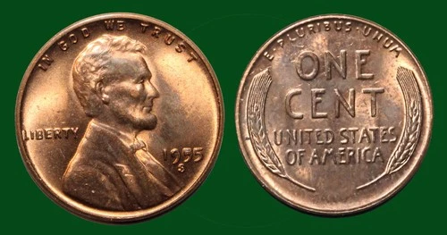 1955 S Lincoln Bright Red Copper Wheat Cent Extra-Fine Almost Uncirculated