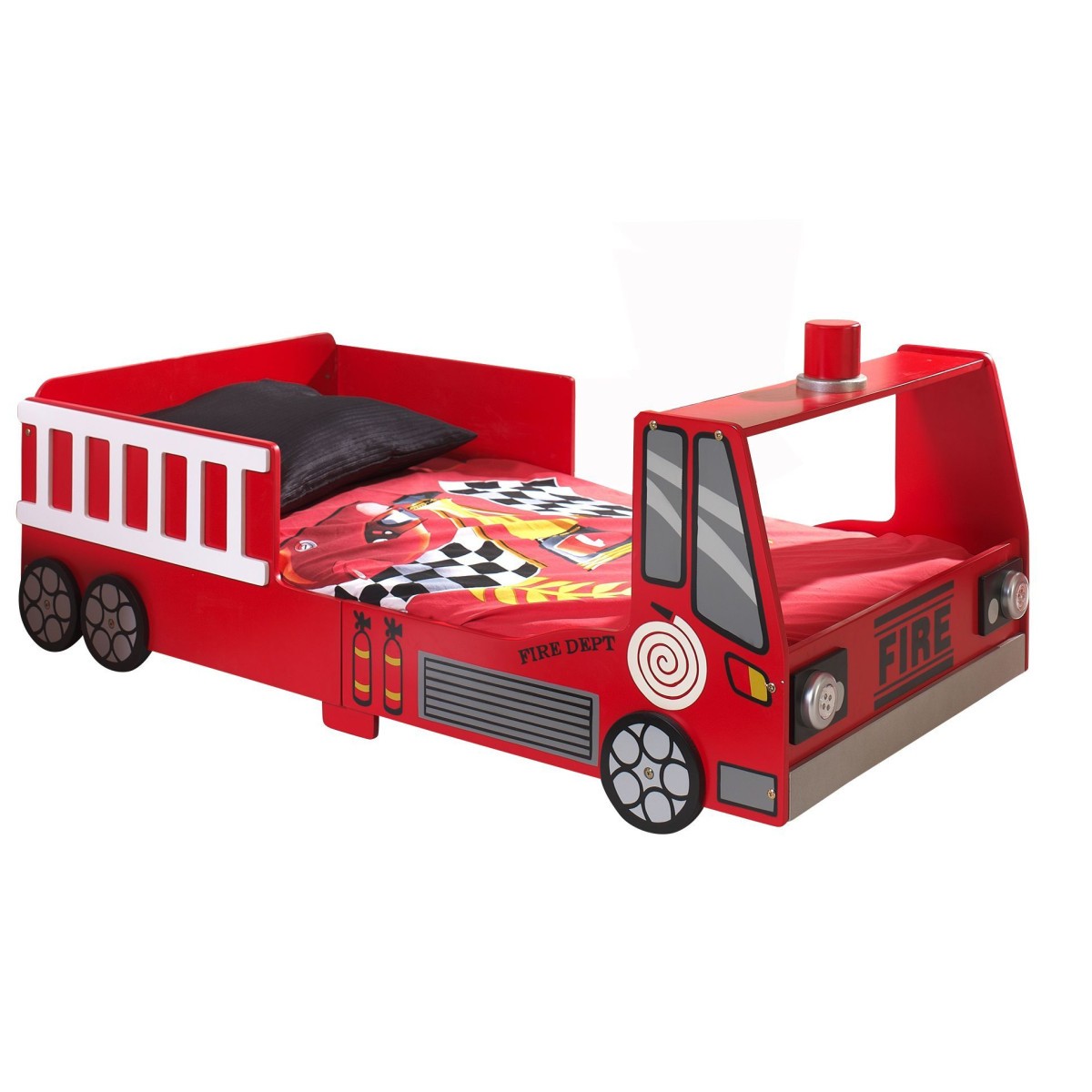 Lit enfant pompier 70x140 cm rouge avec son matelas en mousse confort inclus