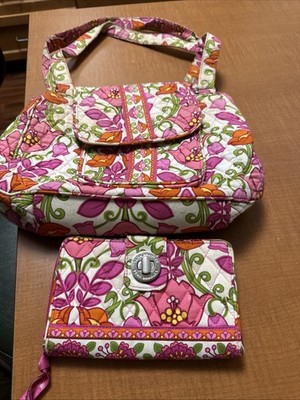 Vera Bradley Lilli Bell Clara Handbag Purse Green Pink Orange Plus Wallet