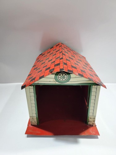 Vintage Tin Litho Red Toy Garage Shed Building House Metal Playset Accessory