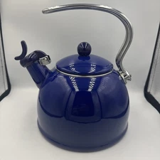 Blue Enamel Stainless Whistling Tea Kettle for Stove Top 2.5 Quart Capacity