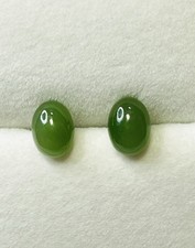 925 Sterling Silver Natural Green Jade Oval Stud Earrings