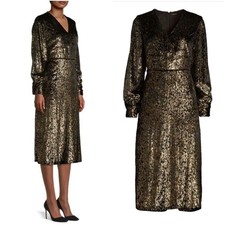 Elie NWT $395 Tahari Gold Metallic Burnout Velvet Long Sleeve Midi-Dress - 6