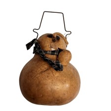 Handcrafted Gourd Snowman With Plaid Scarf  Wire Handle Rustic Winter Decor